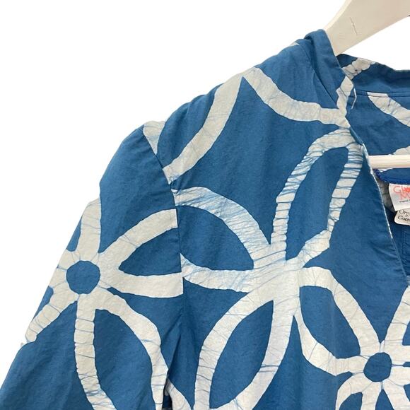 Global Mamas Blue Floral Batik Organic Cotton V-Neck Handmade Tunic Size L - Picture 2 of 8